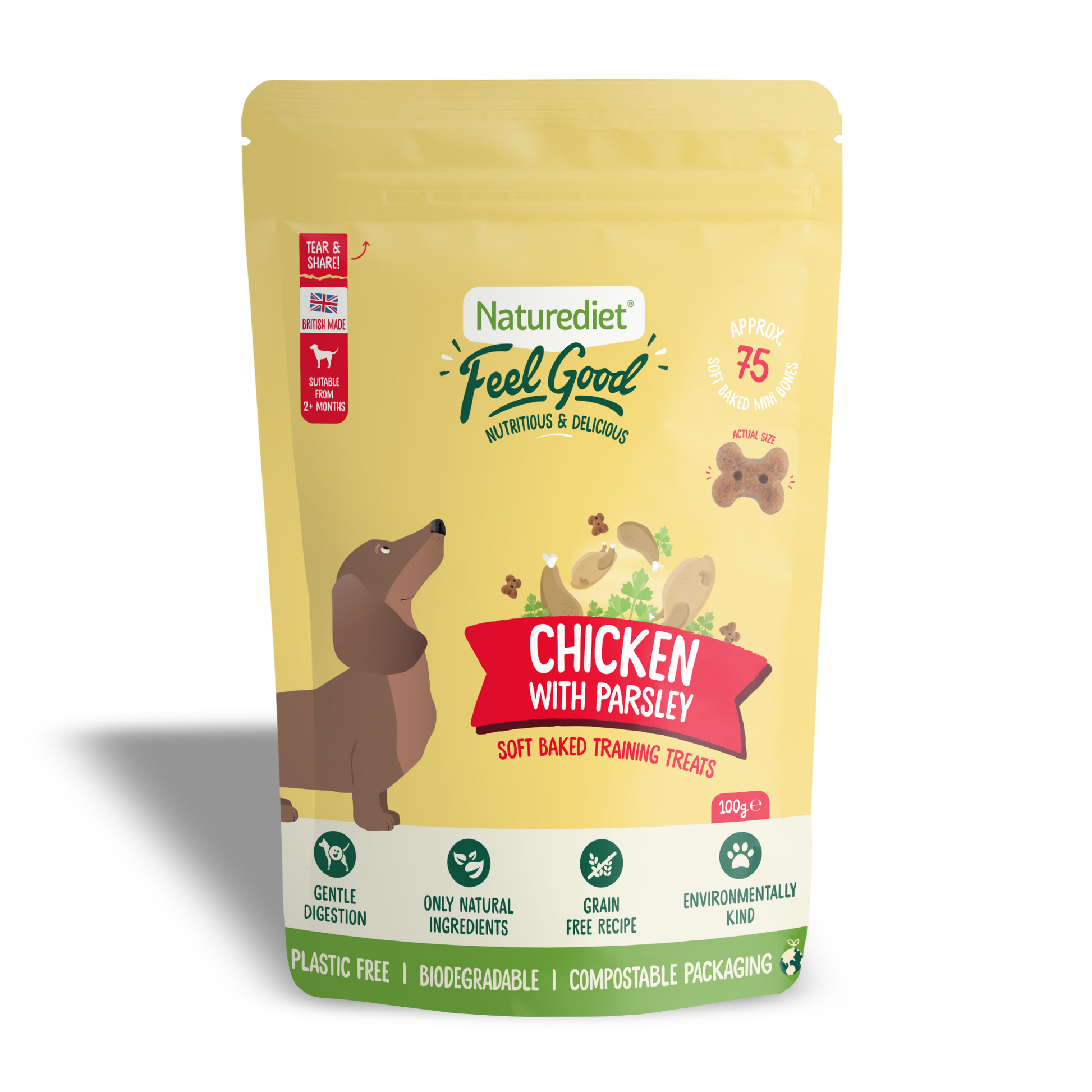 Naturediet Feel Good dog treats packaging with chicken and parsley flavor on a white background