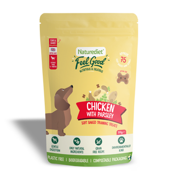Naturediet Feel Good dog treats packaging with chicken and parsley flavor on a white background