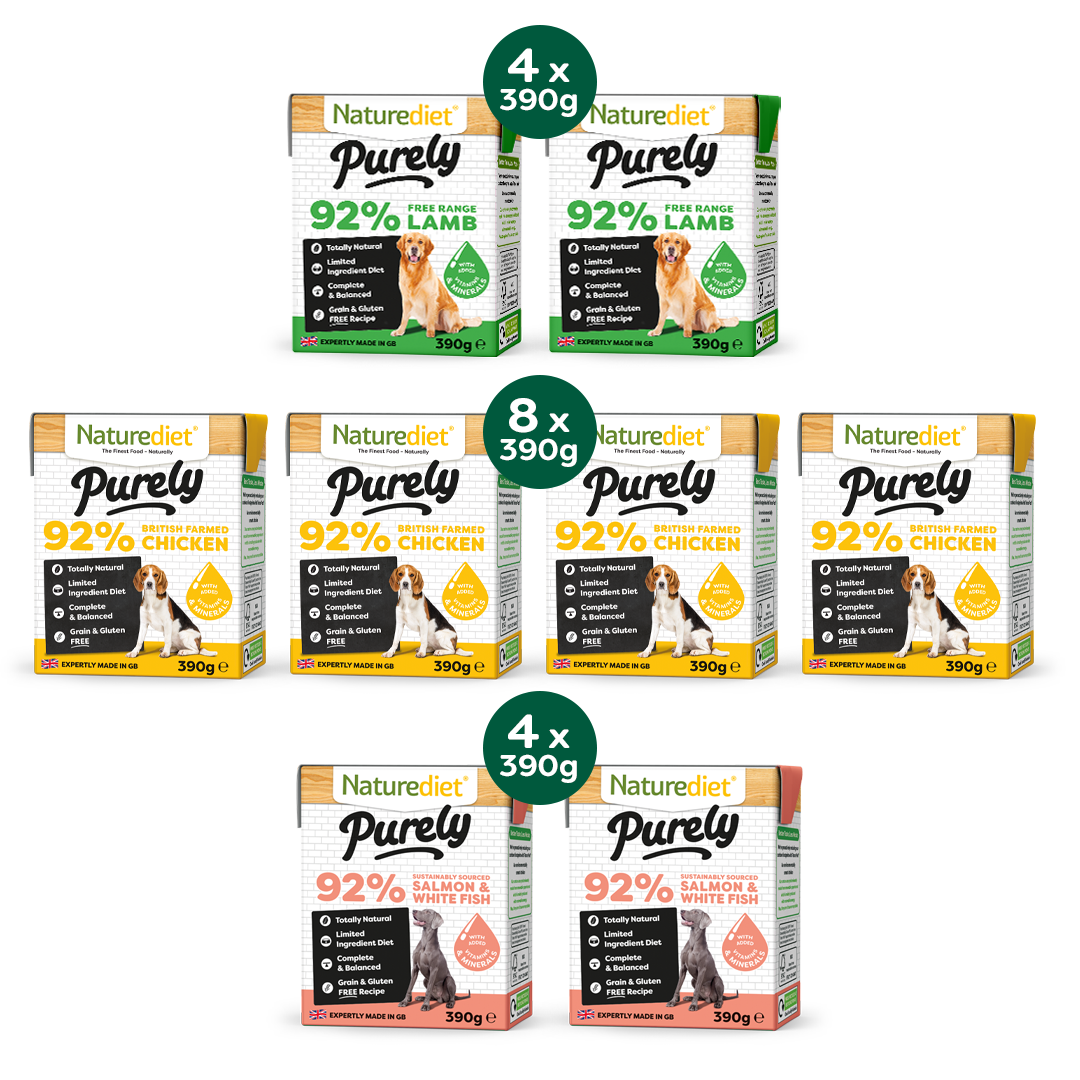Naturediet Purely dog food packaging with various flavors on a white background