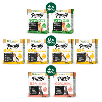 Naturediet Purely dog food packaging with various flavors on a white background