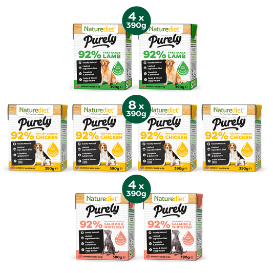 Naturediet Purely dog food packaging with various flavors on a white background