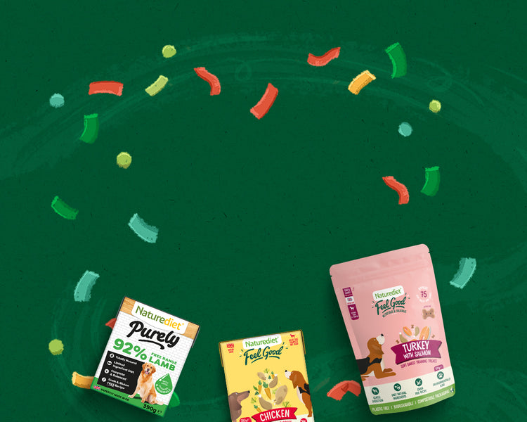 Naturediet food and treats on a green background with colorful confetti.