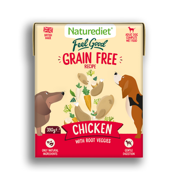 Naturediet Feel Good Grain Free recipe dog food packaging with illustrations of dogs and text on a white background