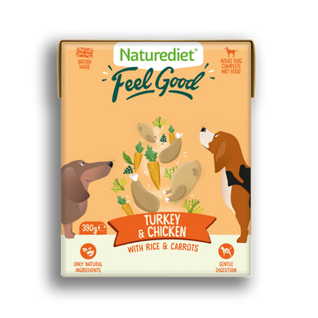 Naturediet Feel Good dog food packaging with illustrations of dogs and ingredients on a white background