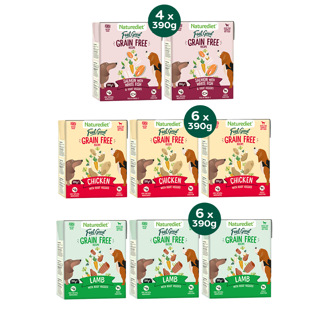 Assorted Naturediet grain-free pet food boxes for different flavors on a white background