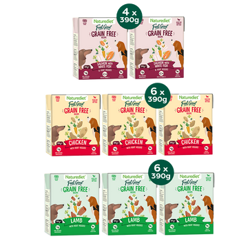 Assorted Naturediet grain-free pet food boxes for different flavors on a white background