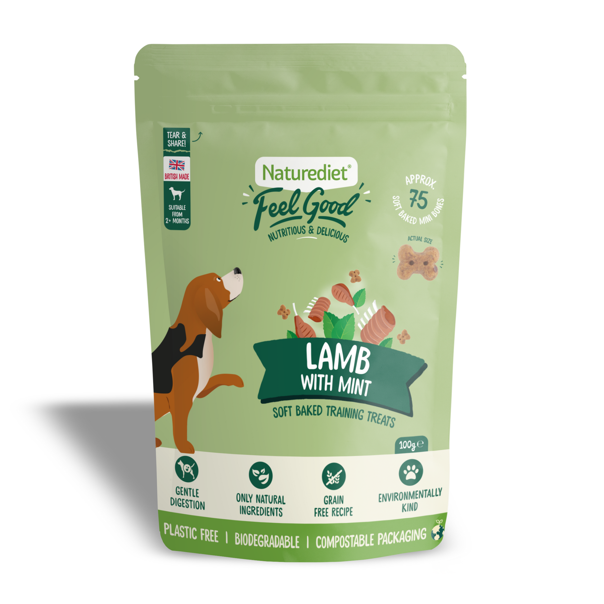 Naturediet Feel Good lamb with mint dog treats packaging on a white background