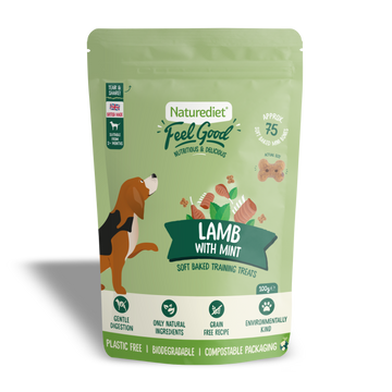 Naturediet Feel Good lamb with mint dog treats packaging on a white background