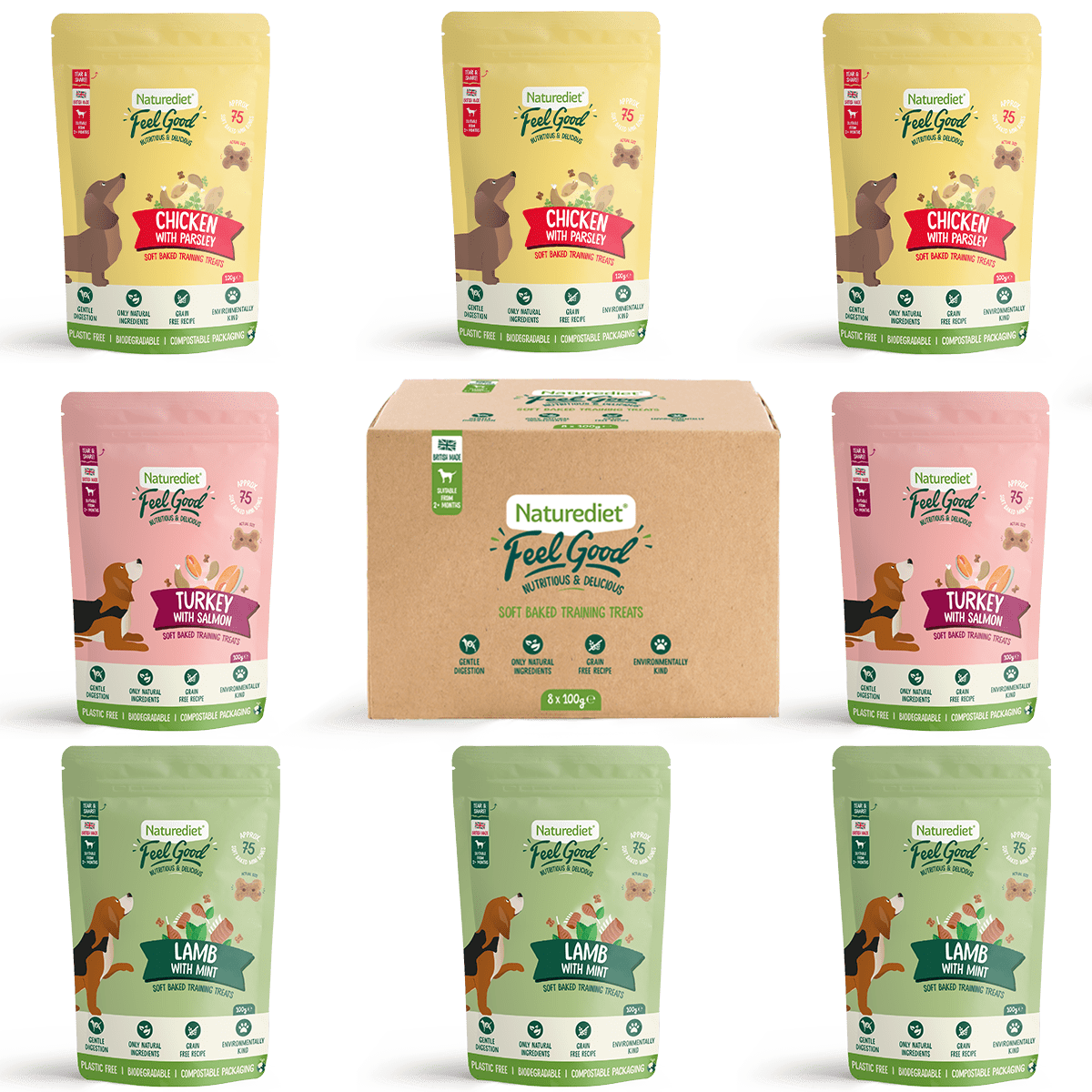 Naturediet Feel Good dog treat packages with a cardboard box on a white background