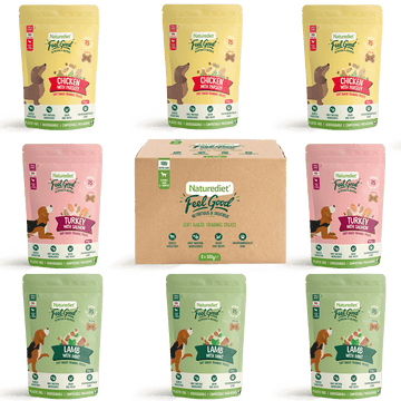 Naturediet Feel Good dog treat packages with a cardboard box on a white background