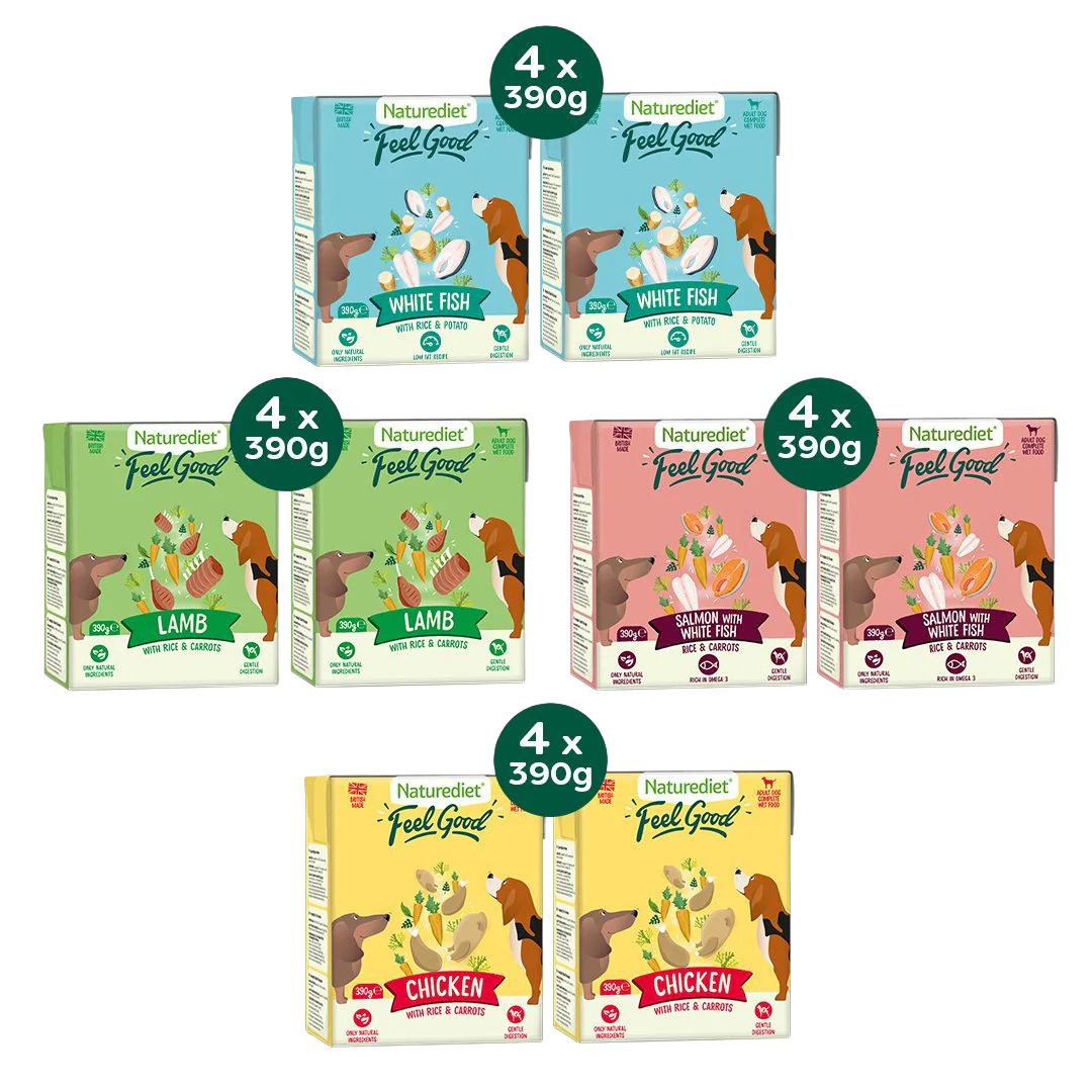Assorted Naturediet 'Feel Good' pet food boxes on a white background