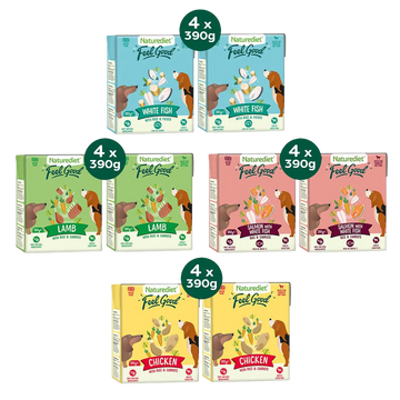 Assorted Naturediet 'Feel Good' pet food boxes on a white background