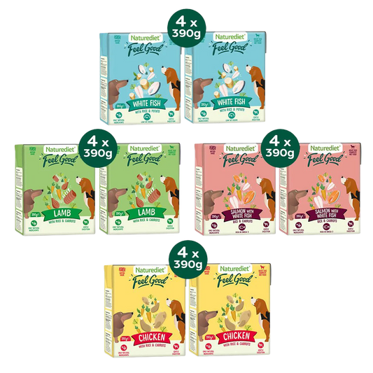 Assorted Naturediet 'Feel Good' pet food boxes on a white background
