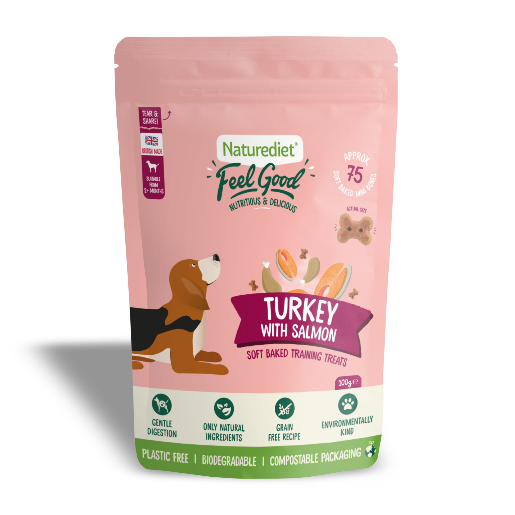 Pink packaging of Naturediet Feel Good dog treats with turkey and salmon flavor on a white background