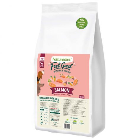 large bags of healthy natural dog food made with salmon 12.5kg