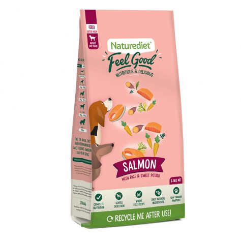 Salmon grain free natural dry dog food made from salmon and sweet potato in a 2.5kg bag from Naturediet
