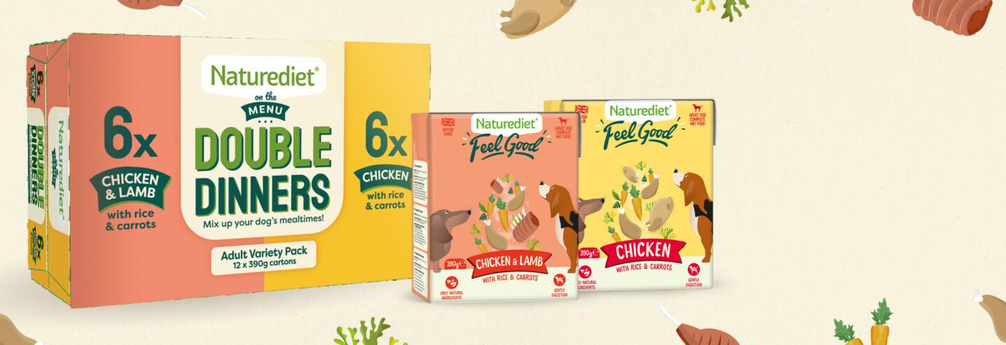 Naturediet Double Dinners is a 12 x 390g variety pack of wet dog food perfect to mix up your dog's mealtimes!