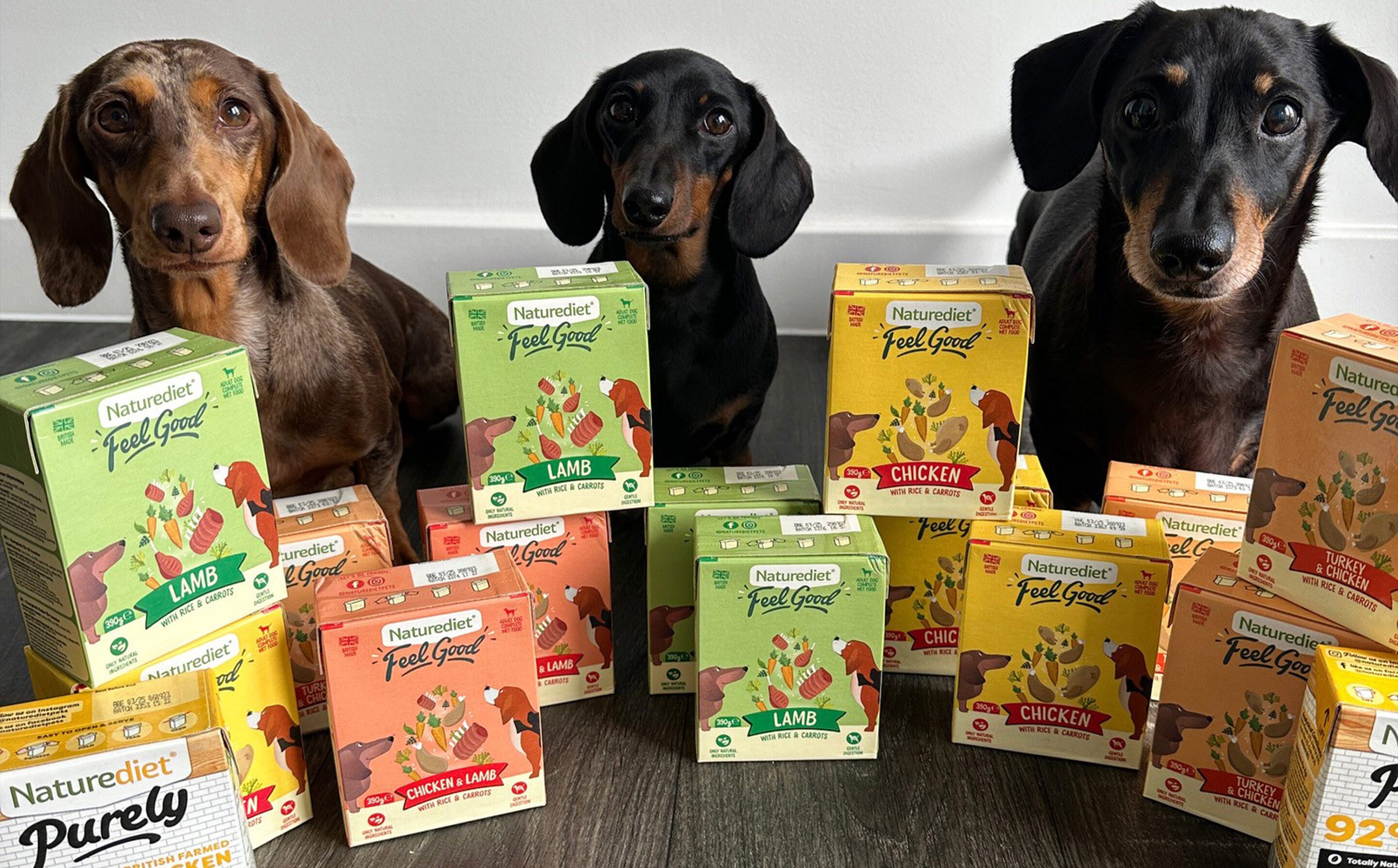 3 dachshunds with Naturediet products